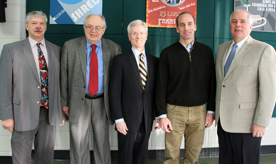 Photo of some of the key organizers of the Jackson Lecture Series. From left to right: Cutlines: 5281: Michael White, Dean of Applied Management; Richard Thomson, Assistant Provost; Board of Trustees Past Chair Ted Ferrara, ’77 Refrigeration; Dr. Bruce Jackson, CEO of The Institute of Applied Human Excellence; and President Rich Wagner