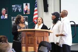 Kimberly Brown sings with her group of singers, Kimberly's Krew, at the February Diversity Forum celebrating Black History Month. 