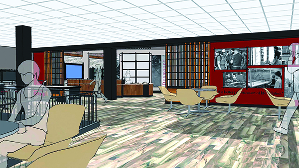 An architectural rendering showing a student study/meeting area just outside the entrance to a learning commons