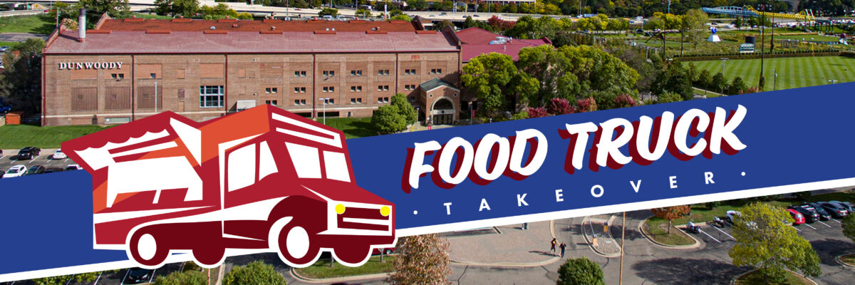 Food Truck Takeover banner over drone picture of Dunwoody campus.