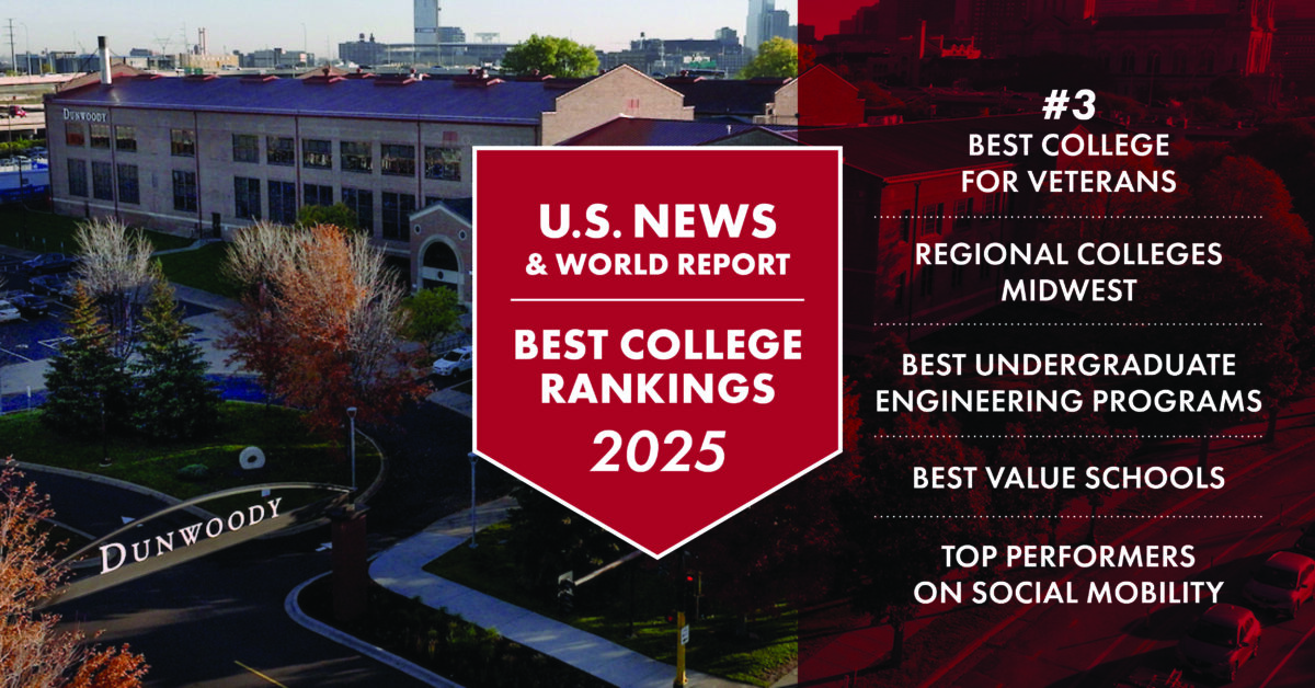 Graphic showing 2025 US News rankings with the Dunwoody campus in the back ground