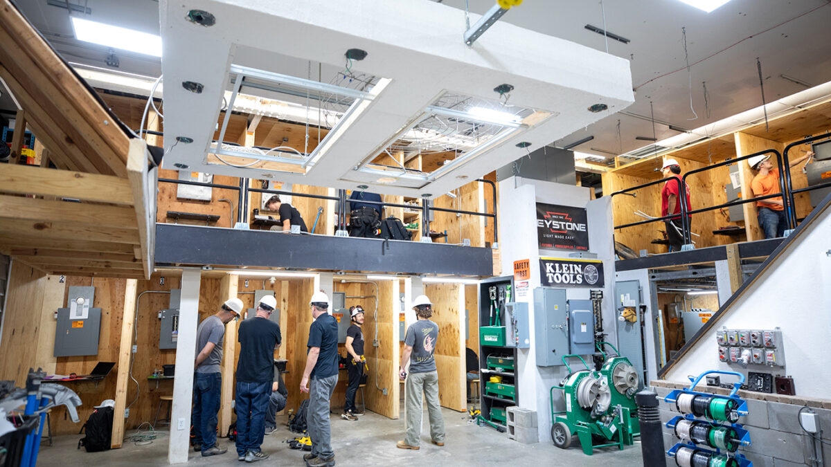 Electrical students working in the commercial wiring lab at Dunwoody.