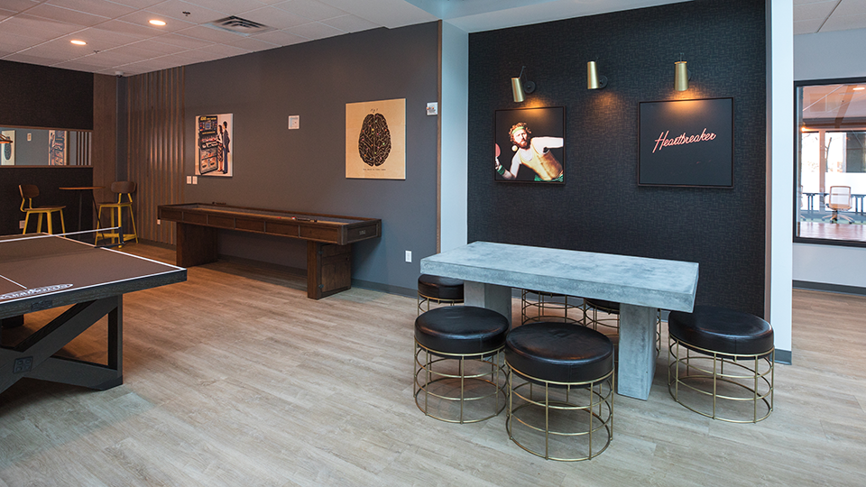 Game room with a ping pong table and large plasma screen TV