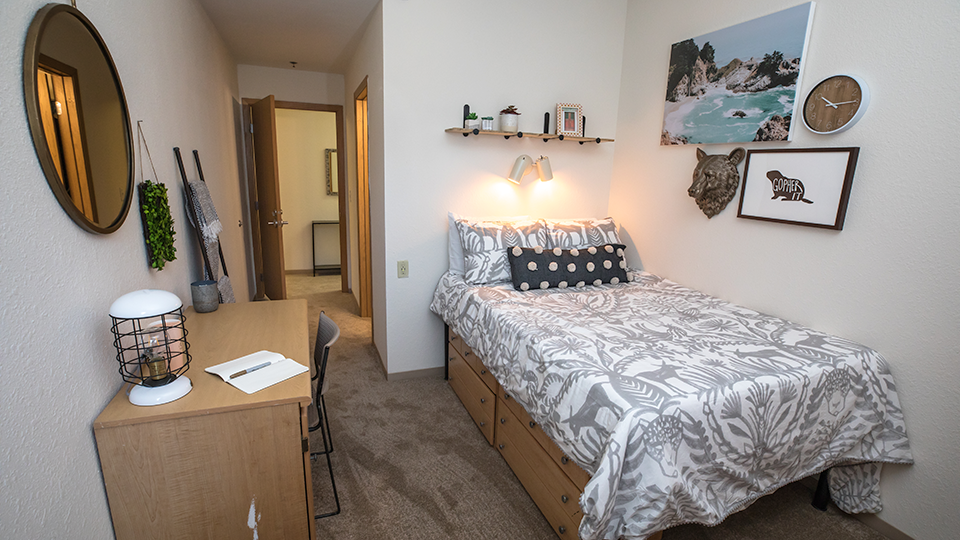 A bedroom at the Quad with desk, single bed, and built in shelving