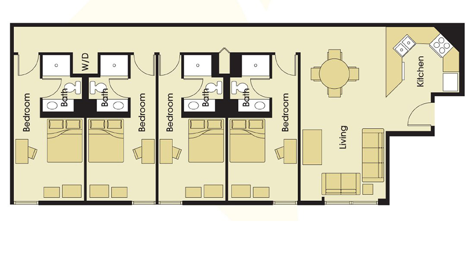 Four solo bedrooms each with private bathroom plus living, dining, kitchen open area