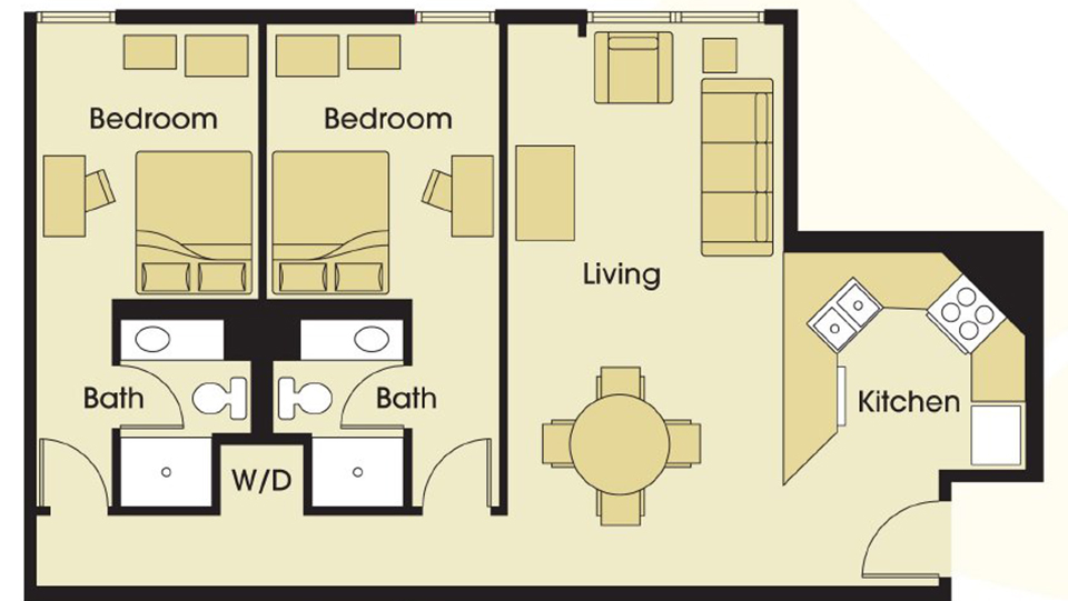 Two bedroom unit floorplan with thwo private bedrooms each with private bathroom plus an open dining, living, kitchen area