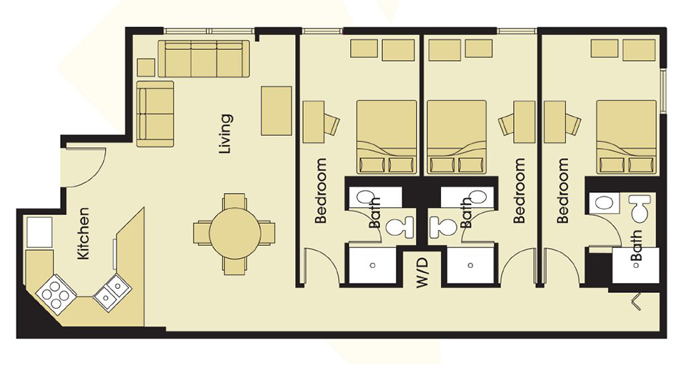 Three bedroom unit floorplan with three private bedrooms each with private bathroom plus an open dining, living, kitchen area