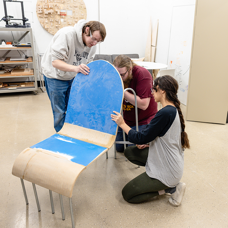 Students working on the design and build a chair project, which is typical project in Dunwoody's product design courses