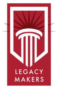 Legacy Makers logo which features an illustration of a white pillar with a dark red sunburst against a red background