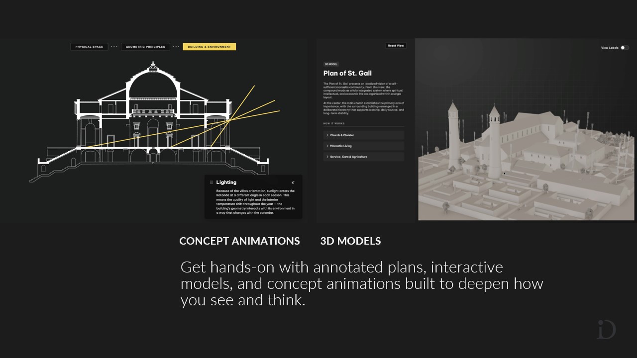 A slide that shows concept animations and 3D models of historical architecture structures; it reads 